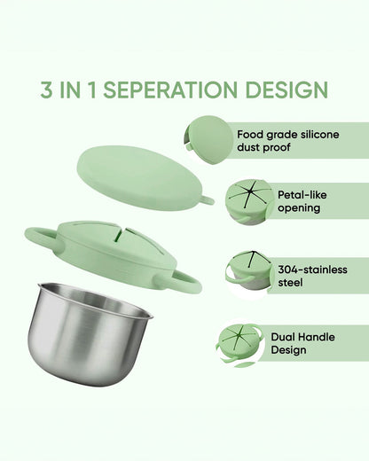 Theoni Stainless Steel Snack Cup with Removable Silicone Food Catcher & Travel Lid-Spill-Proof & Dishwasher Safe-Mint-300ml