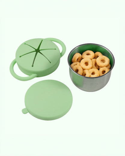 Theoni Stainless Steel Snack Cup with Removable Silicone Food Catcher & Travel Lid-Spill-Proof & Dishwasher Safe-Mint-300ml