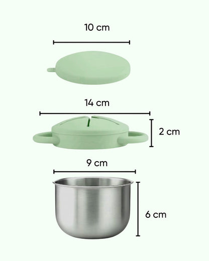 Theoni Stainless Steel Snack Cup with Removable Silicone Food Catcher & Travel Lid-Spill-Proof & Dishwasher Safe-Mint-300ml