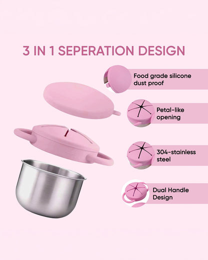 Theoni Stainless Steel Snack Cup with Removable Silicone Food Catcher & Travel Lid-Spill-Proof & Dishwasher Safe-Lavender-300ml
