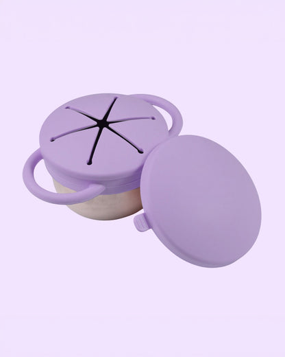 Theoni Stainless Steel Snack Cup with Removable Silicone Food Catcher & Travel Lid-Spill-Proof & Dishwasher Safe-Lilac-300ml