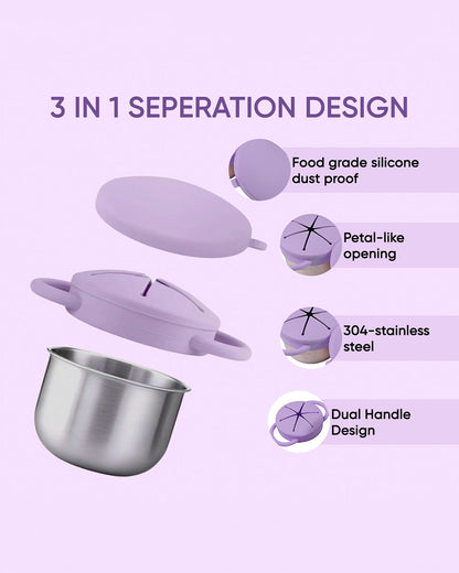 Theoni Stainless Steel Snack Cup with Removable Silicone Food Catcher & Travel Lid-Spill-Proof & Dishwasher Safe-Lilac-300ml
