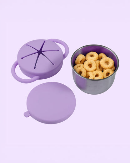 Theoni Stainless Steel Snack Cup with Removable Silicone Food Catcher & Travel Lid-Spill-Proof & Dishwasher Safe-Lilac-300ml