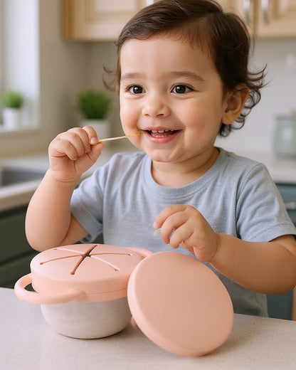 Theoni Stainless Steel Snack Cup with Removable Silicone Food Catcher & Travel Lid-Spill-Proof & Dishwasher Safe-Lilac-300ml