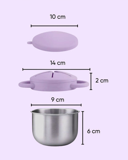 Theoni Stainless Steel Snack Cup with Removable Silicone Food Catcher & Travel Lid-Spill-Proof & Dishwasher Safe-Lilac-300ml