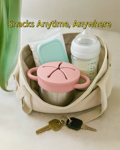 Theoni Stainless Steel Snack Cup with Removable Silicone Food Catcher & Travel Lid-Spill-Proof & Dishwasher Safe-Lilac-300ml