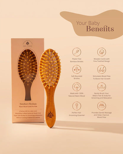 Baby Forest Sunehere Resham Neem Wood Comb for Kids-Soft Rounded Bristles-Gentle Scalp Massage & Hair Grooming
