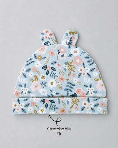 Twingle 100% Organic Cotton Cap, Booties & Mittens Set-Snug Cap-Mittens & Booties-with Soft Elasticated Cuffs for Secure Fit-Flora Bloom Print-Sage Green-For Infants