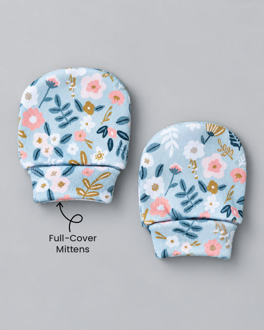 Twingle 100% Organic Cotton Cap, Booties & Mittens Set-Snug Cap-Mittens & Booties-with Soft Elasticated Cuffs for Secure Fit-Flora Bloom Print-Sage Green-For Infants