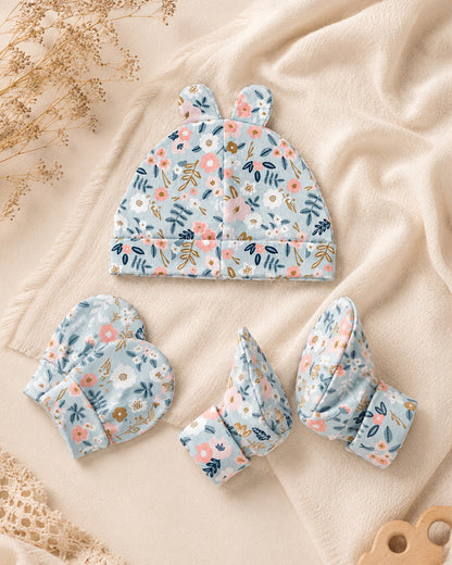 Twingle 100% Organic Cotton Cap, Booties & Mittens Set-Snug Cap-Mittens & Booties-with Soft Elasticated Cuffs for Secure Fit-Flora Bloom Print-Sage Green-For Infants