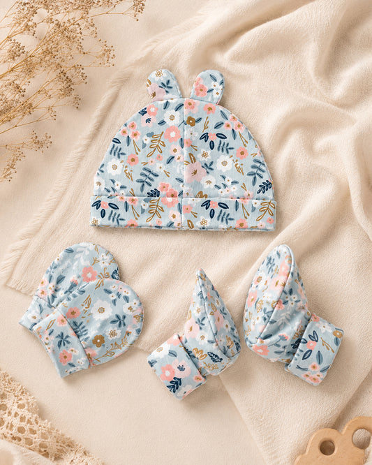 Twingle 100% Organic Cotton Cap, Booties & Mittens Set-Snug Cap-Mittens & Booties-with Soft Elasticated Cuffs for Secure Fit-Flora Bloom Print-Sage Green-For Infants