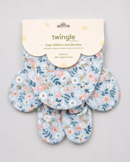 Twingle 100% Organic Cotton Cap, Booties & Mittens Set-Snug Cap-Mittens & Booties-with Soft Elasticated Cuffs for Secure Fit-Flora Bloom Print-Sage Green-For Infants