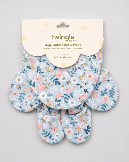 Twingle 100% Organic Cotton Cap, Booties & Mittens Set-Snug Cap-Mittens & Booties-with Soft Elasticated Cuffs for Secure Fit-Flora Bloom Print-Sage Green-For Infants