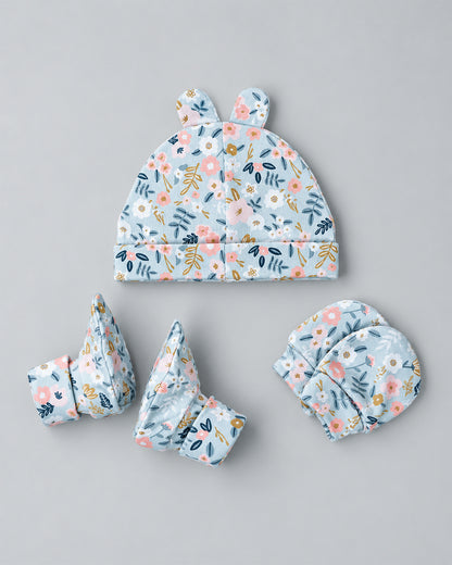 Twingle 100% Organic Cotton Cap, Booties & Mittens Set-Snug Cap-Mittens & Booties-with Soft Elasticated Cuffs for Secure Fit-Flora Bloom Print-Sage Green-For Infants