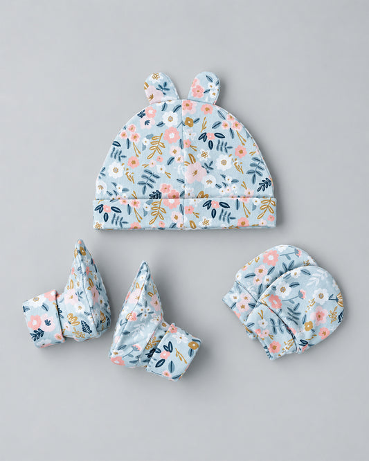 Twingle 100% Organic Cotton Cap, Booties & Mittens Set-Snug Cap-Mittens & Booties-with Soft Elasticated Cuffs for Secure Fit-Flora Bloom Print-Sage Green-For Infants