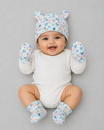 Twingle 100% Organic Cotton Cap, Booties & Mittens Set-Snug Cap-Mittens & Booties-with Soft Elasticated Cuffs for Secure Fit-Flora Bloom Print-Sage Green-For Infants