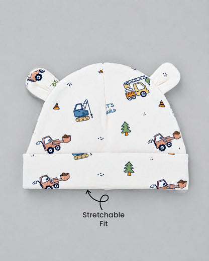 Twingle 100% Organic Cotton Cap, Booties & Mittens Set-Snug Cap-Mittens & Booties-with Soft Elasticated Cuffs for Secure Fit-Builder Buddies Print-Cream-For Infants
