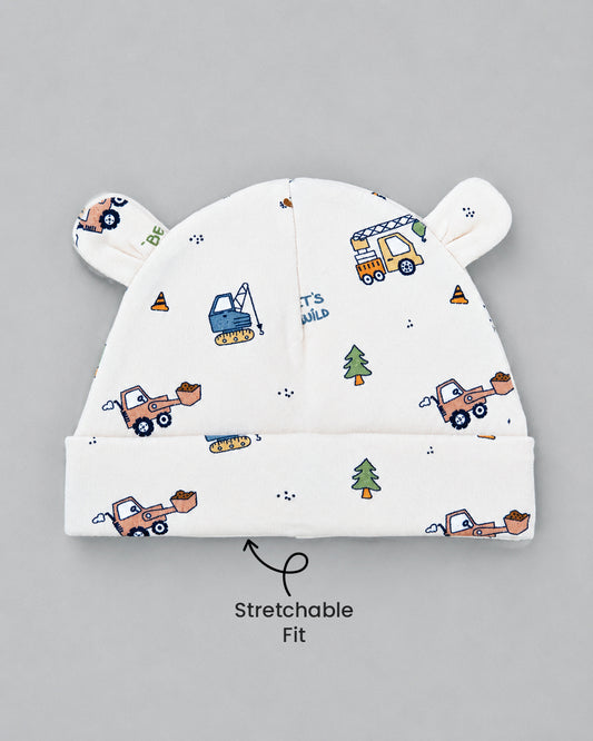 Twingle 100% Organic Cotton Cap, Booties & Mittens Set-Snug Cap-Mittens & Booties-with Soft Elasticated Cuffs for Secure Fit-Builder Buddies Print-Cream-For Infants