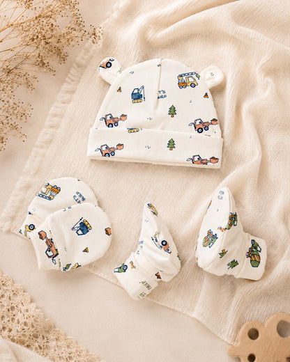 Twingle 100% Organic Cotton Cap, Booties & Mittens Set-Snug Cap-Mittens & Booties-with Soft Elasticated Cuffs for Secure Fit-Builder Buddies Print-Cream-For Infants
