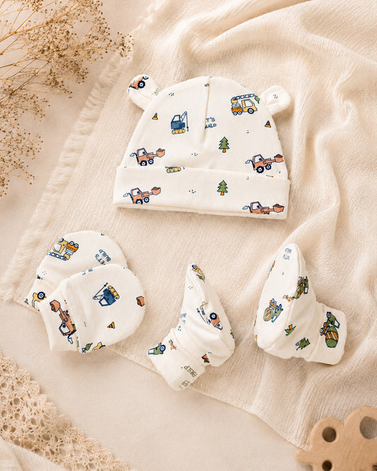 Twingle 100% Organic Cotton Cap, Booties & Mittens Set-Snug Cap-Mittens & Booties-with Soft Elasticated Cuffs for Secure Fit-Builder Buddies Print-Cream-For Infants