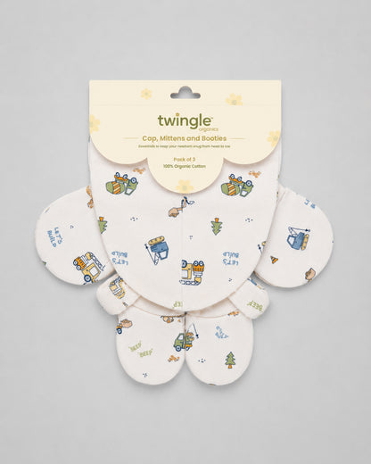 Twingle 100% Organic Cotton Cap, Booties & Mittens Set-Snug Cap-Mittens & Booties-with Soft Elasticated Cuffs for Secure Fit-Builder Buddies Print-Cream-For Infants