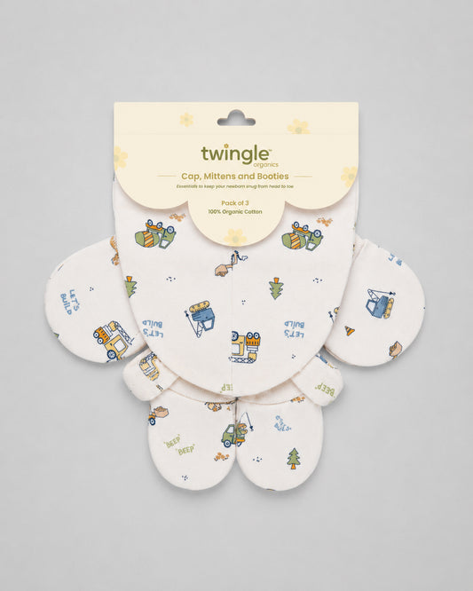 Twingle 100% Organic Cotton Cap, Booties & Mittens Set-Snug Cap-Mittens & Booties-with Soft Elasticated Cuffs for Secure Fit-Builder Buddies Print-Cream-For Infants