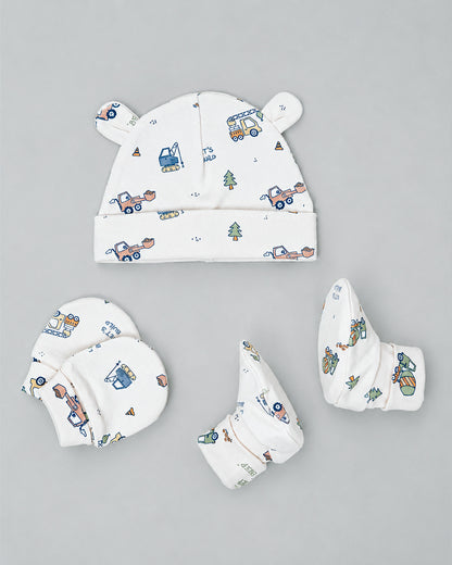 Twingle 100% Organic Cotton Cap, Booties & Mittens Set-Snug Cap-Mittens & Booties-with Soft Elasticated Cuffs for Secure Fit-Builder Buddies Print-Cream-For Infants