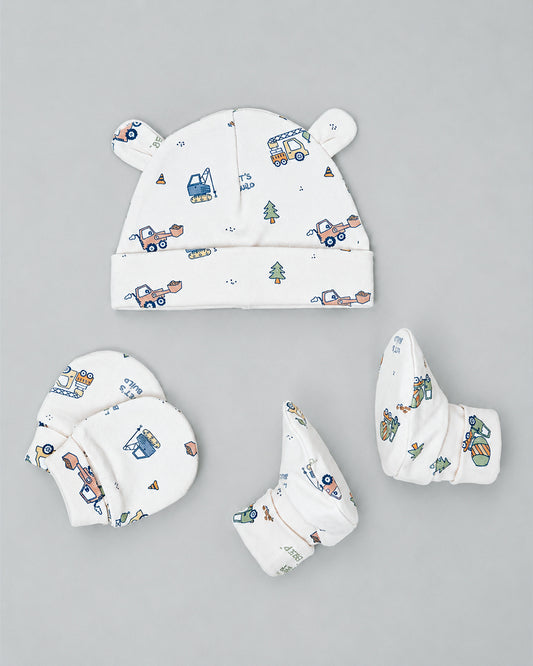 Twingle 100% Organic Cotton Cap, Booties & Mittens Set-Snug Cap-Mittens & Booties-with Soft Elasticated Cuffs for Secure Fit-Builder Buddies Print-Cream-For Infants