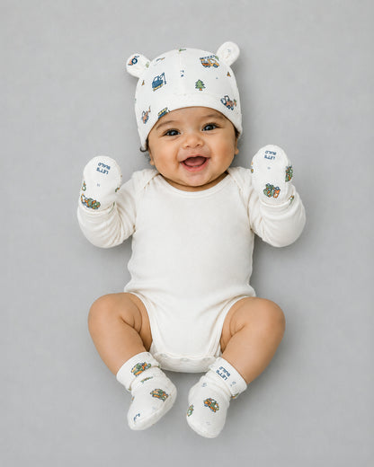 Twingle 100% Organic Cotton Cap, Booties & Mittens Set-Snug Cap-Mittens & Booties-with Soft Elasticated Cuffs for Secure Fit-Builder Buddies Print-Cream-For Infants