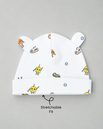 Twingle 100% Organic Cotton Cap, Booties & Mittens Set-Snug Cap-Mittens & Booties-with Soft Elasticated Cuffs for Secure Fit-Robo Rides Print-White-For Infants