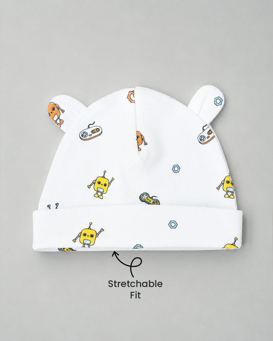 Twingle 100% Organic Cotton Cap, Booties & Mittens Set-Snug Cap-Mittens & Booties-with Soft Elasticated Cuffs for Secure Fit-Robo Rides Print-White-For Infants