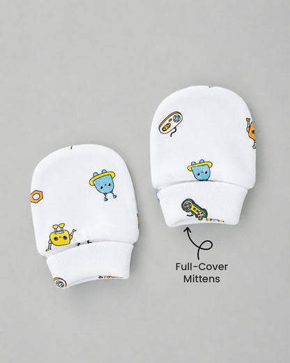 Twingle 100% Organic Cotton Cap, Booties & Mittens Set-Snug Cap-Mittens & Booties-with Soft Elasticated Cuffs for Secure Fit-Robo Rides Print-White-For Infants