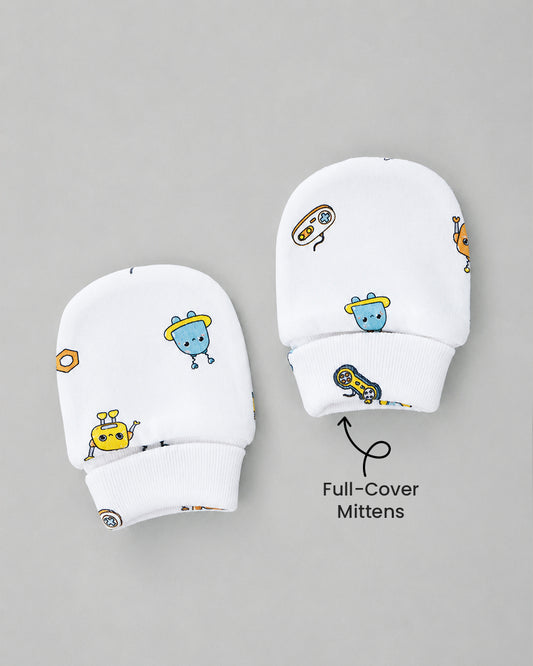 Twingle 100% Organic Cotton Cap, Booties & Mittens Set-Snug Cap-Mittens & Booties-with Soft Elasticated Cuffs for Secure Fit-Robo Rides Print-White-For Infants