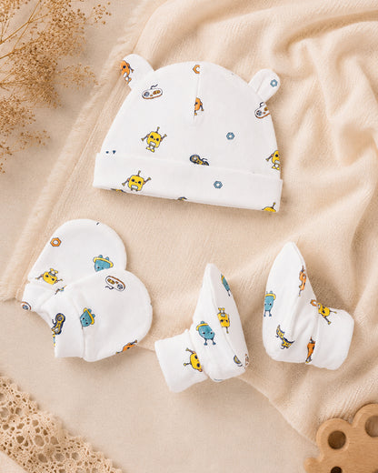 Twingle 100% Organic Cotton Cap, Booties & Mittens Set-Snug Cap-Mittens & Booties-with Soft Elasticated Cuffs for Secure Fit-Robo Rides Print-White-For Infants