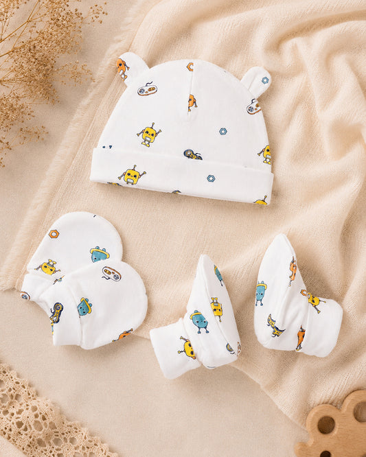 Twingle 100% Organic Cotton Cap, Booties & Mittens Set-Snug Cap-Mittens & Booties-with Soft Elasticated Cuffs for Secure Fit-Robo Rides Print-White-For Infants