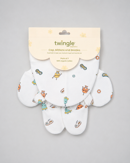 Twingle 100% Organic Cotton Cap, Booties & Mittens Set-Snug Cap-Mittens & Booties-with Soft Elasticated Cuffs for Secure Fit-Robo Rides Print-White-For Infants