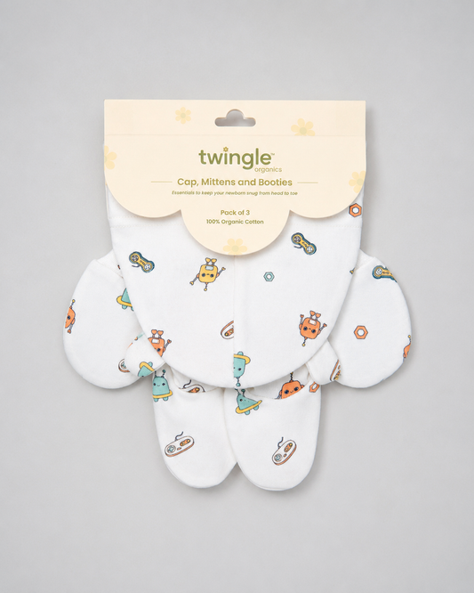 Twingle 100% Organic Cotton Cap, Booties & Mittens Set-Snug Cap-Mittens & Booties-with Soft Elasticated Cuffs for Secure Fit-Robo Rides Print-White-For Infants