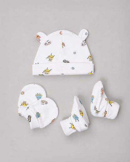 Twingle 100% Organic Cotton Cap, Booties & Mittens Set-Snug Cap-Mittens & Booties-with Soft Elasticated Cuffs for Secure Fit-Robo Rides Print-White-For Infants