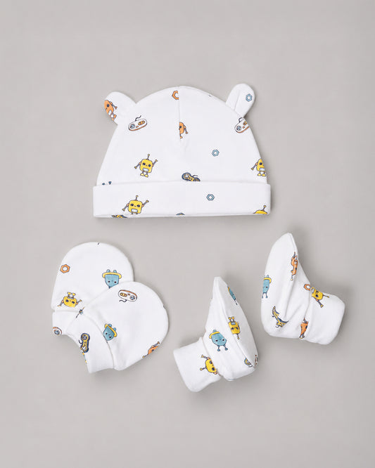 Twingle 100% Organic Cotton Cap, Booties & Mittens Set-Snug Cap-Mittens & Booties-with Soft Elasticated Cuffs for Secure Fit-Robo Rides Print-White-For Infants