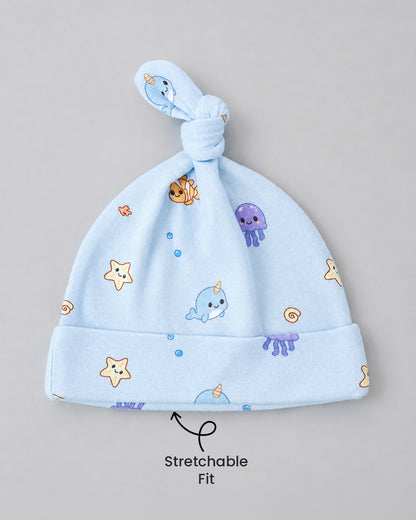 Twingle 100% Organic Cotton Cap, Booties & Mittens Set-Snug Cap-Mittens & Booties-with Soft Elasticated Cuffs for Secure Fit-Aqua Squad Print-Light Blue-For Infants