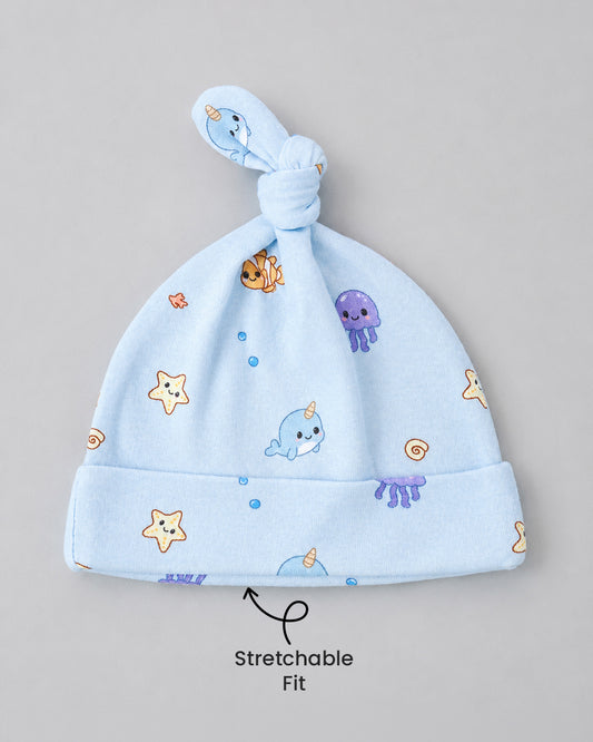 Twingle 100% Organic Cotton Cap, Booties & Mittens Set-Snug Cap-Mittens & Booties-with Soft Elasticated Cuffs for Secure Fit-Aqua Squad Print-Light Blue-For Infants