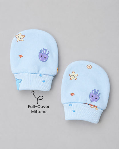 Twingle 100% Organic Cotton Cap, Booties & Mittens Set-Snug Cap-Mittens & Booties-with Soft Elasticated Cuffs for Secure Fit-Aqua Squad Print-Light Blue-For Infants