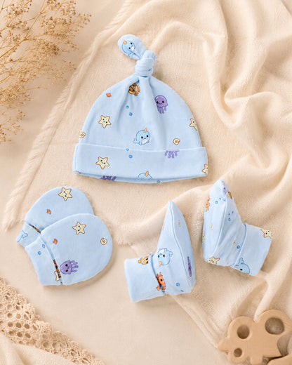 Twingle 100% Organic Cotton Cap, Booties & Mittens Set-Snug Cap-Mittens & Booties-with Soft Elasticated Cuffs for Secure Fit-Aqua Squad Print-Light Blue-For Infants
