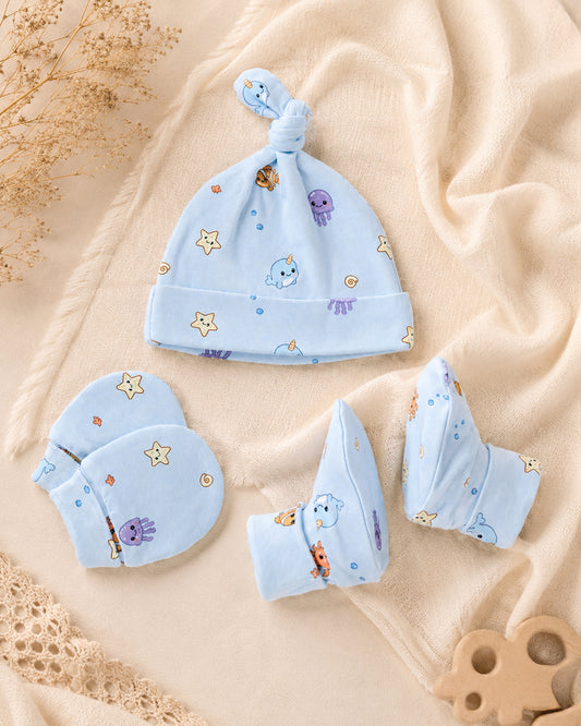 Twingle 100% Organic Cotton Cap, Booties & Mittens Set-Snug Cap-Mittens & Booties-with Soft Elasticated Cuffs for Secure Fit-Aqua Squad Print-Light Blue-For Infants
