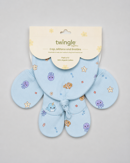 Twingle 100% Organic Cotton Cap, Booties & Mittens Set-Snug Cap-Mittens & Booties-with Soft Elasticated Cuffs for Secure Fit-Aqua Squad Print-Light Blue-For Infants