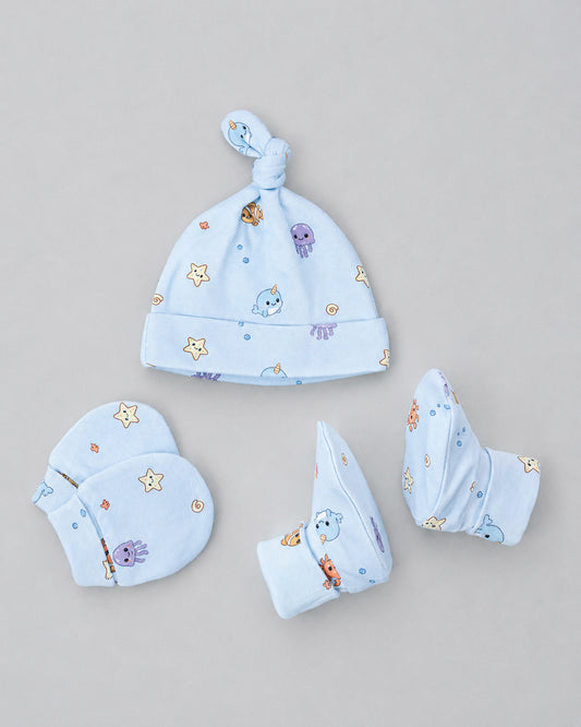 Twingle 100% Organic Cotton Cap, Booties & Mittens Set-Snug Cap-Mittens & Booties-with Soft Elasticated Cuffs for Secure Fit-Aqua Squad Print-Light Blue-For Infants