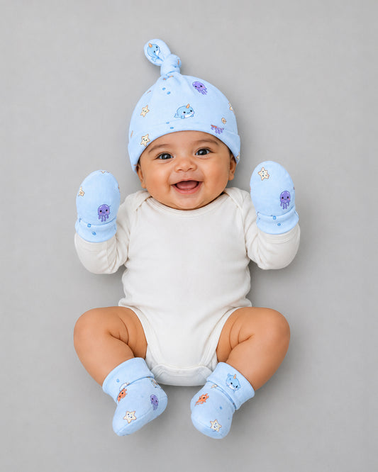 Twingle 100% Organic Cotton Cap, Booties & Mittens Set-Snug Cap-Mittens & Booties-with Soft Elasticated Cuffs for Secure Fit-Aqua Squad Print-Light Blue-For Infants