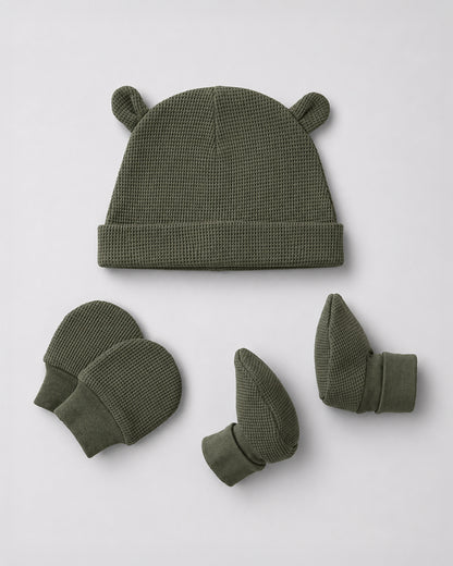 Twingle 100% Organic Cotton Cap, Booties & Mittens Set-Snug Cap-Mittens & Booties-with Soft Elasticated Cuffs for Secure Fit-Solid-Forest Green-For Infants