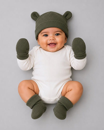 Twingle 100% Organic Cotton Cap, Booties & Mittens Set-Snug Cap-Mittens & Booties-with Soft Elasticated Cuffs for Secure Fit-Solid-Forest Green-For Infants