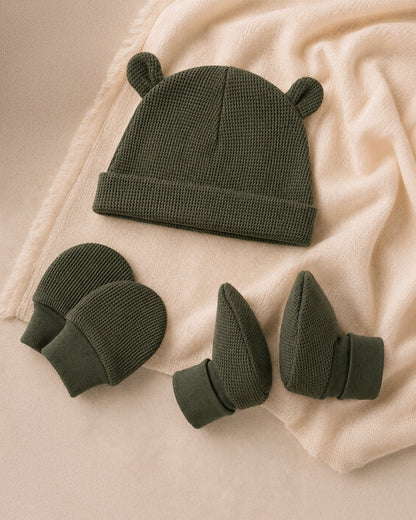 Twingle 100% Organic Cotton Cap, Booties & Mittens Set-Snug Cap-Mittens & Booties-with Soft Elasticated Cuffs for Secure Fit-Solid-Forest Green-For Infants
